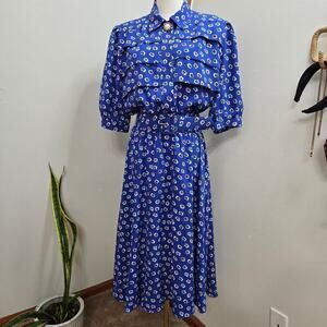 VINTAGE HANA SUNG Belted Floral Balloon Sleeve Midi Dress Size 14